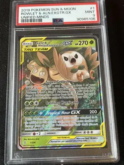 Rowlet And Alolan Exeggutor GX 1/236 Pokemon Unified Minds Tag Team PSA 9 Grade - Image 1