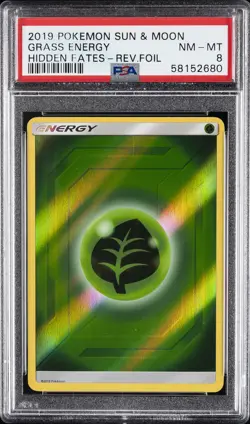 2019 POKEMON SUN & MOON HIDDEN FATES GRASS ENERGY-REVERSE FOIL PSA 8 - Image 1