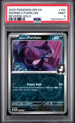2025 POKEMON DRI EN-DESTINED RIVALS REVERSE HOLO #130 MARNIE'S PURRLOIN PSA 9 - Image 1