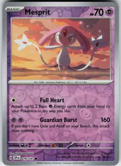 Pokemon Mesprit 079/191 SV08: Surging Sparks NM Reverse Holo card - Image 1
