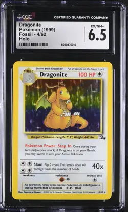 1999 POKEMON FOSSIL #4/62 DRAGONITE HOLO RARE CGC 6.5 EX/NM+ - Image 1