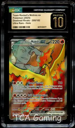 CGC 10 PRISTINE Team Rocket's Moltres Ex 208/182 HOLO FULL ART Pokemon Card 077 - Image 1