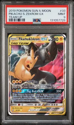 2019 POKEMON SUN & MOON TEAM UP #33 PIKACHU & ZEKROM GX PSA 9 - Image 1