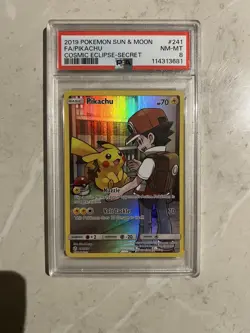 Pokemon TCG - PSA 8 Pikachu 241/236 Secret Rare Sun & Moon Cosmic Eclipse - Image 1