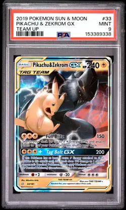 POKEMON PIKACHU & ZEKROM GX 33/181 HOLO SUN & MOON TEAM UP 2019 PSA 9 - Image 1