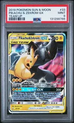 2019 POKEMON SUN & MOON TEAM UP #33 PIKACHU & ZEKROM GX PSA 9 - Image 1