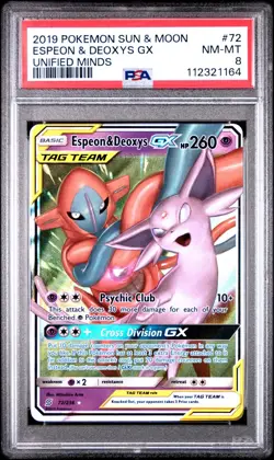 2019 Pokemon TCG SM Unified Minds #72/236 Espeon & Deoxys GX Ultra Rare PSA 8 - Image 1