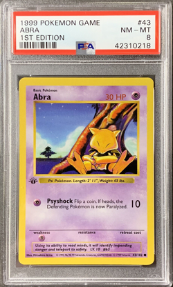 Pokemon Card 1st Edition Abra PSA 8 NM-Mint, Base Set 43/102, WOTC 1999 (1) - Image 1