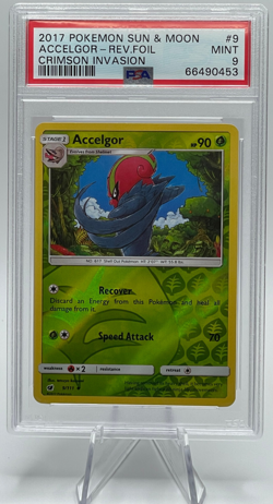 2017 POKEMON SUN & MOON CRIMSON INVASION #9 ACCELGOR-REVERSE FOIL PSA 9 MINT - Image 1