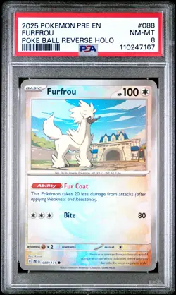 2025 POKEMON PRE EN-PRISMATIC EVOLUTIONS POKE BALL REVERSE HOLO FURFROU PSA 8 - Image 1