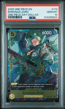 ONE PIECE RORONOA ZORO 2025 #113 DALLAS DAY PROMO PSA 10 - Image 1