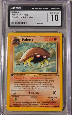 Kabuto 1st Edition 50/62 CGC 10 Fossil 1999 Pokemon WOTC - Image 1