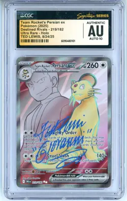 CGC Auto 10 Signed Ted Lewis Pokemon TCG Team Rocket's Persian ex 219/182 Holo - Image 1