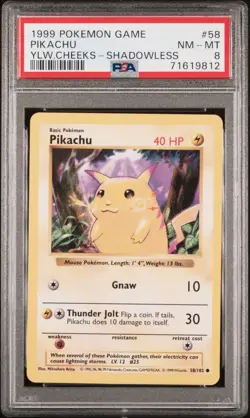 1999 POKEMON BASE SET YELLOW CHEEKS-SHADOWLESS #58 PIKACHU PSA 8 - Image 1
