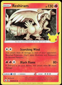 Reshiram 002/025 Rare Celebrations Pokemon Holo Near Mint - Image 1