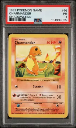 1999 POKEMON BASE SET SHADOWLESS #46 CHARMANDER PSA 1 - Image 1