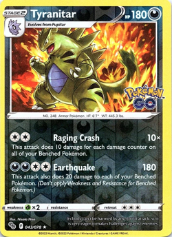 Tyranitar 043/078 Rare Pokemon GO Pokemon Reverse Holo Near Mint - Image 1