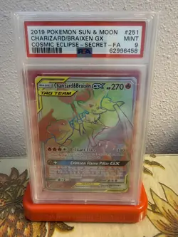 Pokemon Cosmic Eclipse Charizard & Braixen GX 251/236 Secret Rare Holo PSA 9 - Image 1