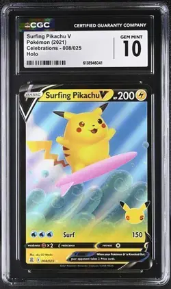 ⚡⚡ CGC 10 Pokemon Surfing Pikachu V Celebrations 008/025 - Image 1