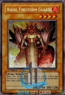 Yugioh Secret Rare Royal Firestorm Guard GLAS-EN087 1st Edition - Image 1