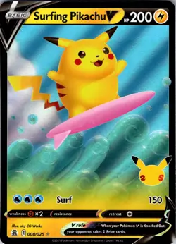 Surfing Pikachu V 008/025 Holo V Rare Celebrations Pokemon Near Mint - Image 1