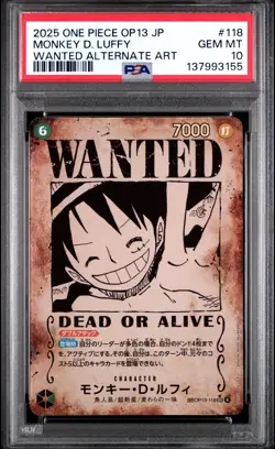 Monkey D. Luffy 118 Wanted Alternate Art One Piece Japanese PSA 10 OP13 - Image 1