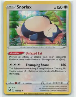 2022 Pokemon, Lost Origin, #143/196 Snorlax, Holo Rare NM - Image 1