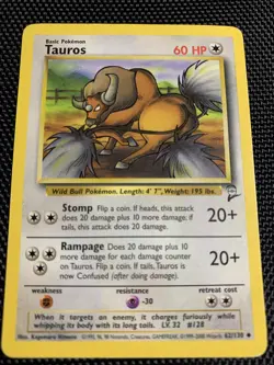 Tauros 62/130 Jungle Wild Bull Vintage Pokemon Base Set 2 Trading Card - 60 HP - Image 1