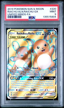 2019 POKEMON SUN & MOON UNIFIED MINDS FULL ART/RAICHU & ALOLAN RAICHU GX PSA 9 - Image 1