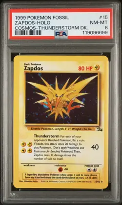 PSA 8 - Zapdos 15/62 Fossil Holo Rare Cosmos Thunderstorm Pokemon TCG 1999 - Image 1