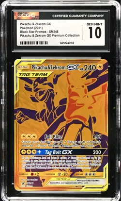 CGC 10 GEM MINT Pikachu & Zekrom GX SM248 Sunb& Moon Tag Team Promo Holo Pokemon - Image 1