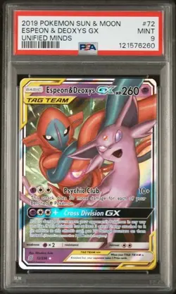 2019 POKEMON SUN & MOON UNIFIED MINDS #72 ULTRA RARE ESPEON & DEOXYS GX PSA 9 - Image 1