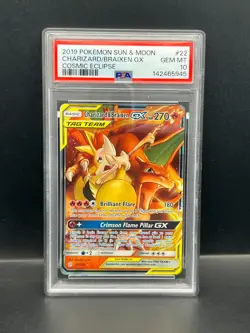 Pokemon PSA 10 GEM Charizard & Braixen GX 22/236 Cosmic Eclipse Holo 2019 S#5945 - Image 1