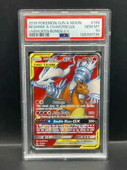 Pokemon PSA 10 GEM MT Reshiram & Charizard GX 194/214 Unbroken Bonds Holo S#0736 - Image 1