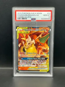 Pokemon PSA 10 GEM Charizard & Braixen GX 22/236 Cosmic Eclipse Holo 2019 S#5946 - Image 1