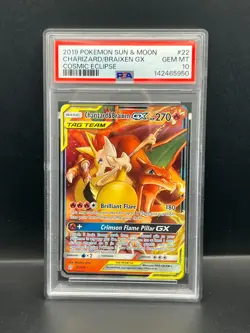 Pokemon PSA 10 GEM Charizard & Braixen GX 22/236 Cosmic Eclipse Holo 2019 S#5950 - Image 1