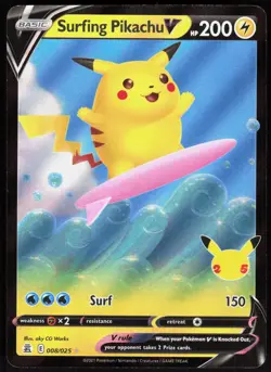 Surfing Pikachu V 008 Celebrations Rare Pokemon NM/M Holo - Image 1