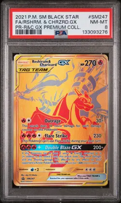 2021 POKEMON SM BLACK STAR PROMO #SM247 FULL ART/RESHIRAM & CHARIZARD GX PSA 8 - Image 1