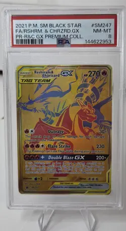 2021 Pokemon Reshiram & Charizard GX SM247 Gold Black Star Promo Tag Team PSA 8 - Image 1
