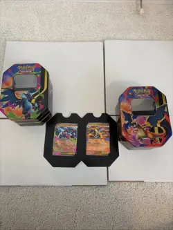 Pokemon TCG card - Mega Charizard X and Y ex PROMOS ONLY and 2 EMPTY Tins - Image 1