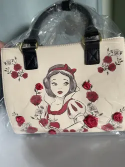 Loungefly Disney Snow White Rose Print Bow Satchel Handbag Purse - Beige - Image 3