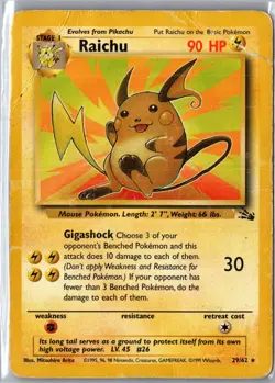 Raichu 29/62 Rare Fossil Pokemon Unlimited Damaged - Image 1