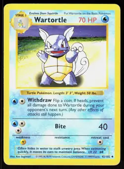 Wartortle 42/102 Uncommon Base Set Shadowless Pokemon Unlimited MP 01-01-31 - Image 1