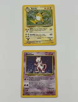 Pokemon TCG Base Set Holo LP Lot Raichu 14/102 + Mewtwo 10/102 ***NICE*** - Image 1