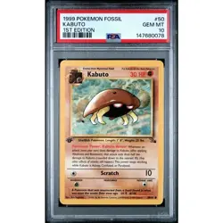PSA 10 GEM MINT Kabuto 1st Edition 50/62 Pokemon 1999 Fossil Common Card Graded - Image 1