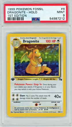 1999 Pokemon Fossil Dragonite #4/62 1st Edition Holo PSA 9 - Image 1