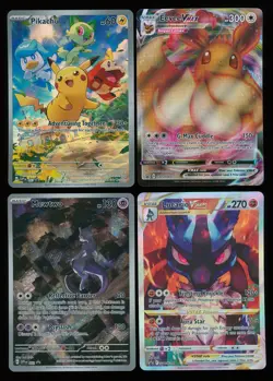 Pokemon Promo 4 Card Lot! Mewtwo 052 - Pikachu 027 - Lucario Vstar -Eevee Vmax - Image 1