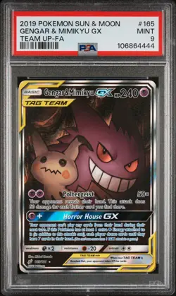 2019 POKEMON SUN & MOON TEAM UP #165 FULL ART/GENGAR & MIMIKYU GX PSA 9 - Image 1