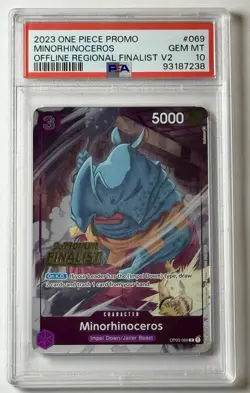 2023 ONE PIECE PROMOS OFFLINE REGIONAL FINALIST VOL.2 #069 MINORHINOCEROS PSA 10 - Image 1
