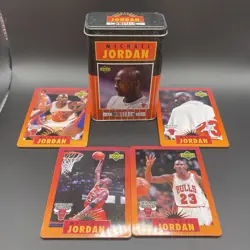 1996 UPPER DECK MICHAEL JORDAN 4 METAL CARD SET #1-#4 W/ COLLECTOR'S TIN - Image 1